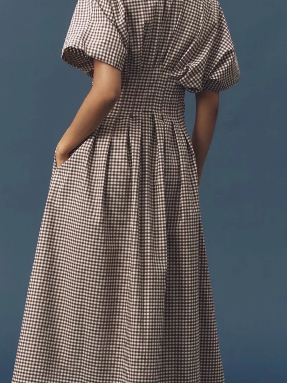 Anthropologie: Button-Front Gingham Midi Dress in Brown and White - Picture 2 of 5